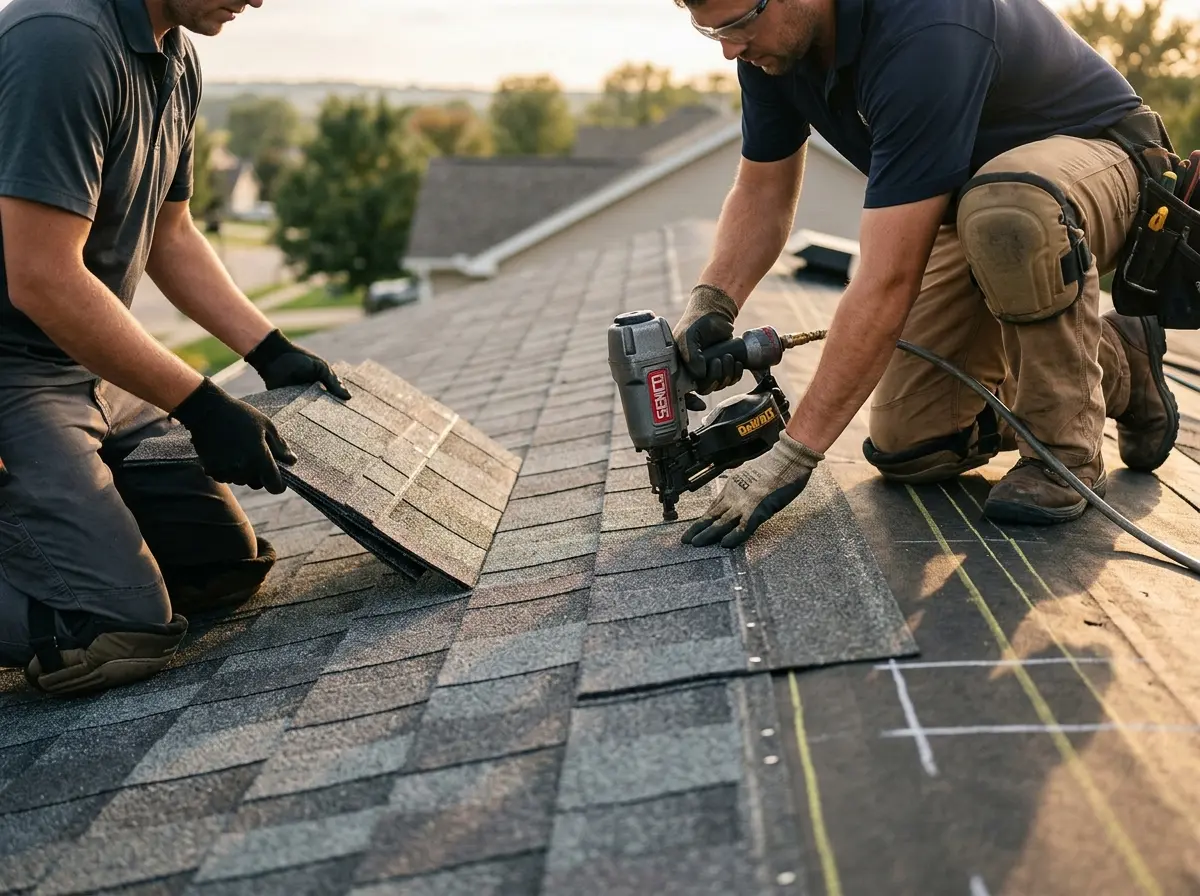 Professional roofer working on a residential roof in Skaneateles